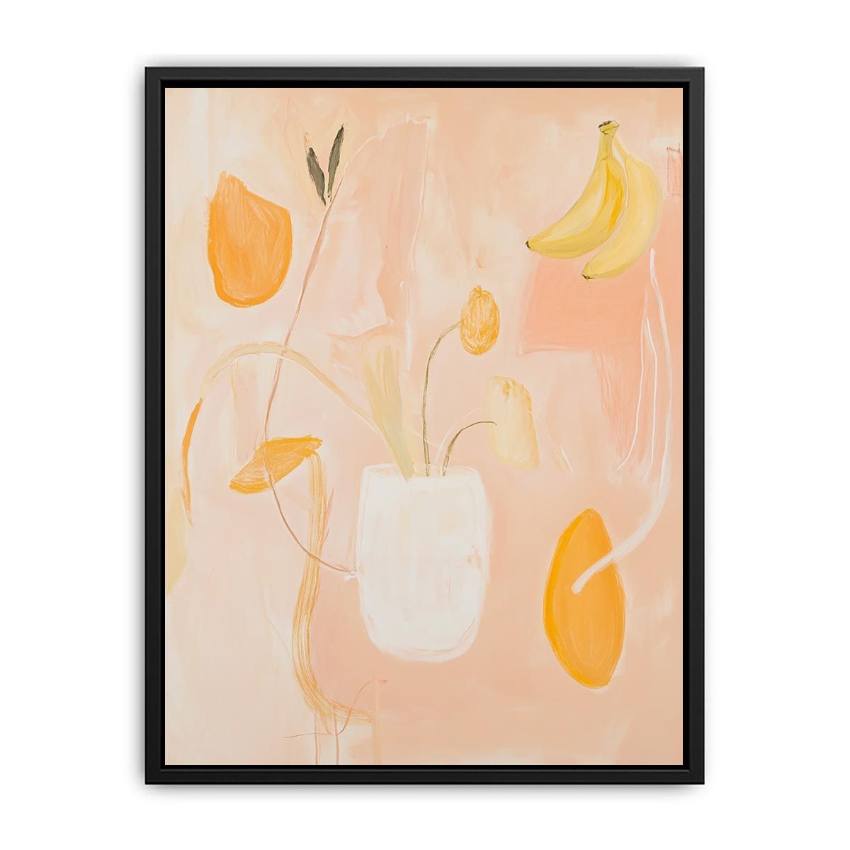 Soft peach abstract still life canvas art with floral vase and banana accents for bedroom decor.