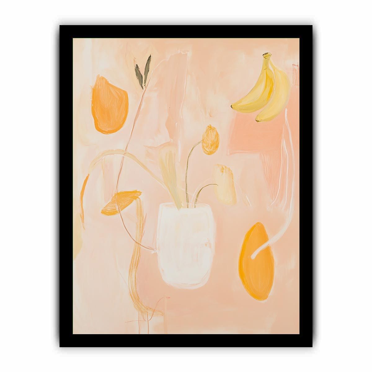 Soft peach abstract still life canvas art with floral vase and banana accents for bedroom decor.