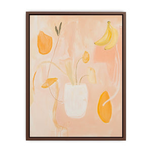 Soft peach abstract still life canvas art with floral vase and banana accents for bedroom decor.