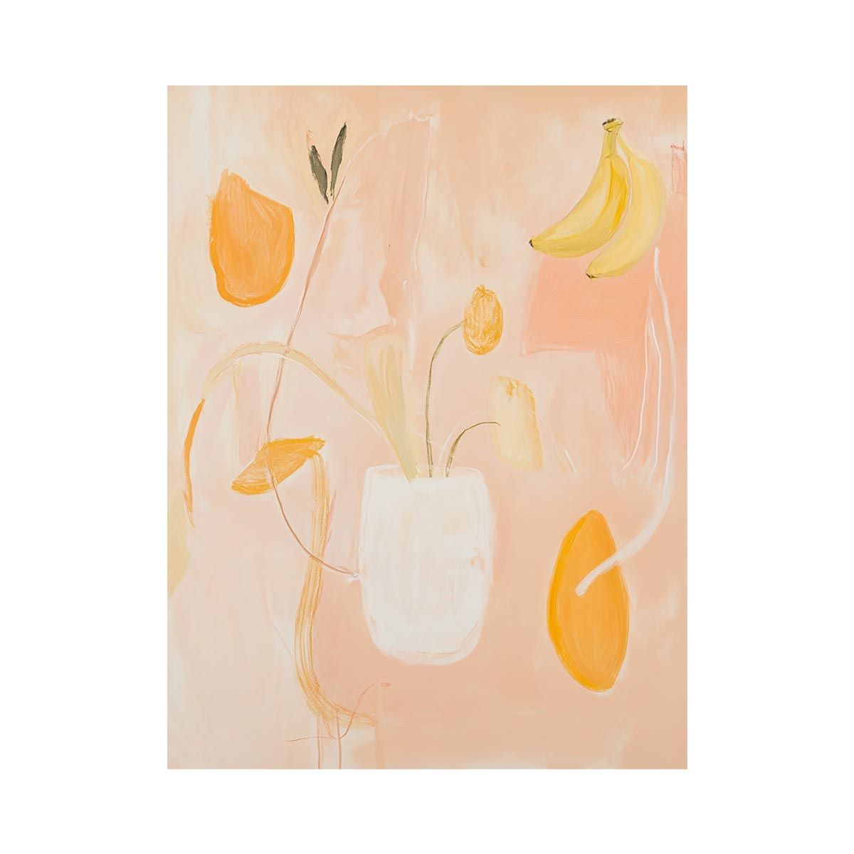 Soft peach abstract still life canvas art with floral vase and banana accents for bedroom decor.