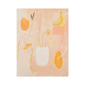 Soft peach abstract still life canvas art with floral vase and banana accents for bedroom decor.