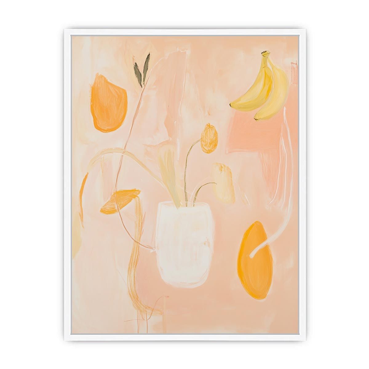 Soft peach abstract still life canvas art with floral vase and banana accents for bedroom decor.