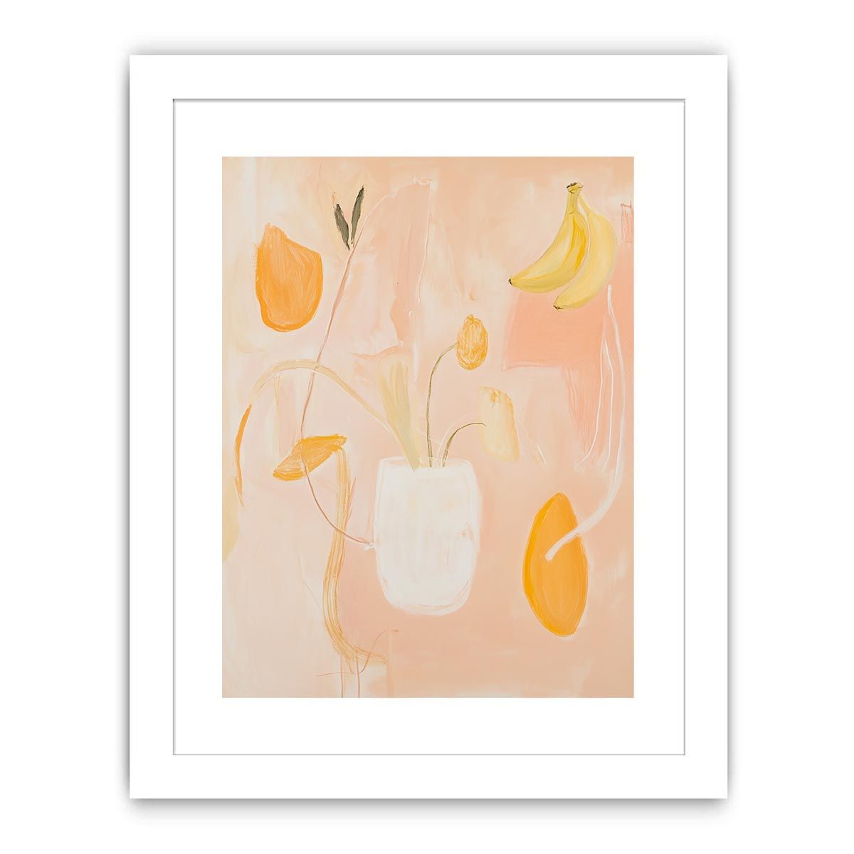 Soft peach abstract still life canvas art with floral vase and banana accents for bedroom decor.