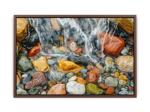 Close-up creek stones and flowing water photography canvas art for calming bathroom or office decor.