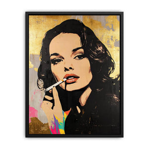 Glam pop art woman portrait canvas with gold texture and red lips for luxury wall decor.