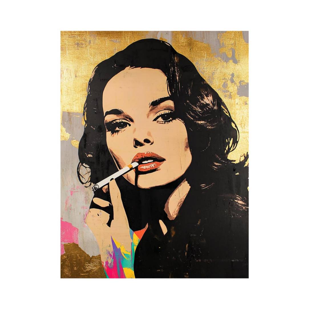 Glam pop art woman portrait canvas with gold texture and red lips for luxury wall decor.