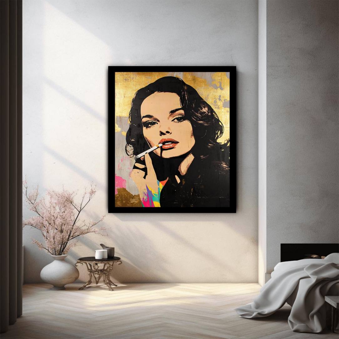 Glam pop art woman portrait canvas with gold texture and red lips for luxury wall decor.