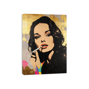 Glam pop art woman portrait canvas with gold texture and red lips for luxury wall decor.