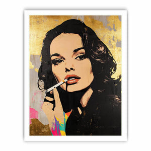 Glam pop art woman portrait canvas with gold texture and red lips for luxury wall decor.