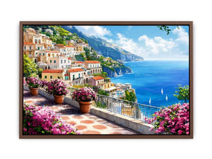 Mediterranean Amalfi coast canvas art with terrace flowers and blue sea for living room decor.