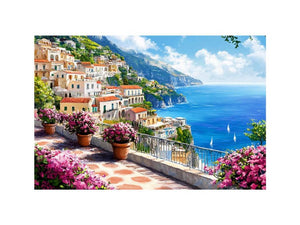 Mediterranean Amalfi coast canvas art with terrace flowers and blue sea for living room decor.
