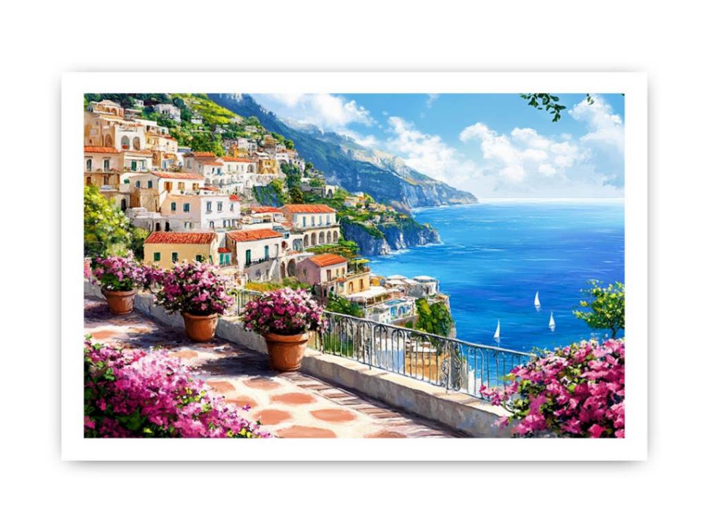 Mediterranean Amalfi coast canvas art with terrace flowers and blue sea for living room decor.