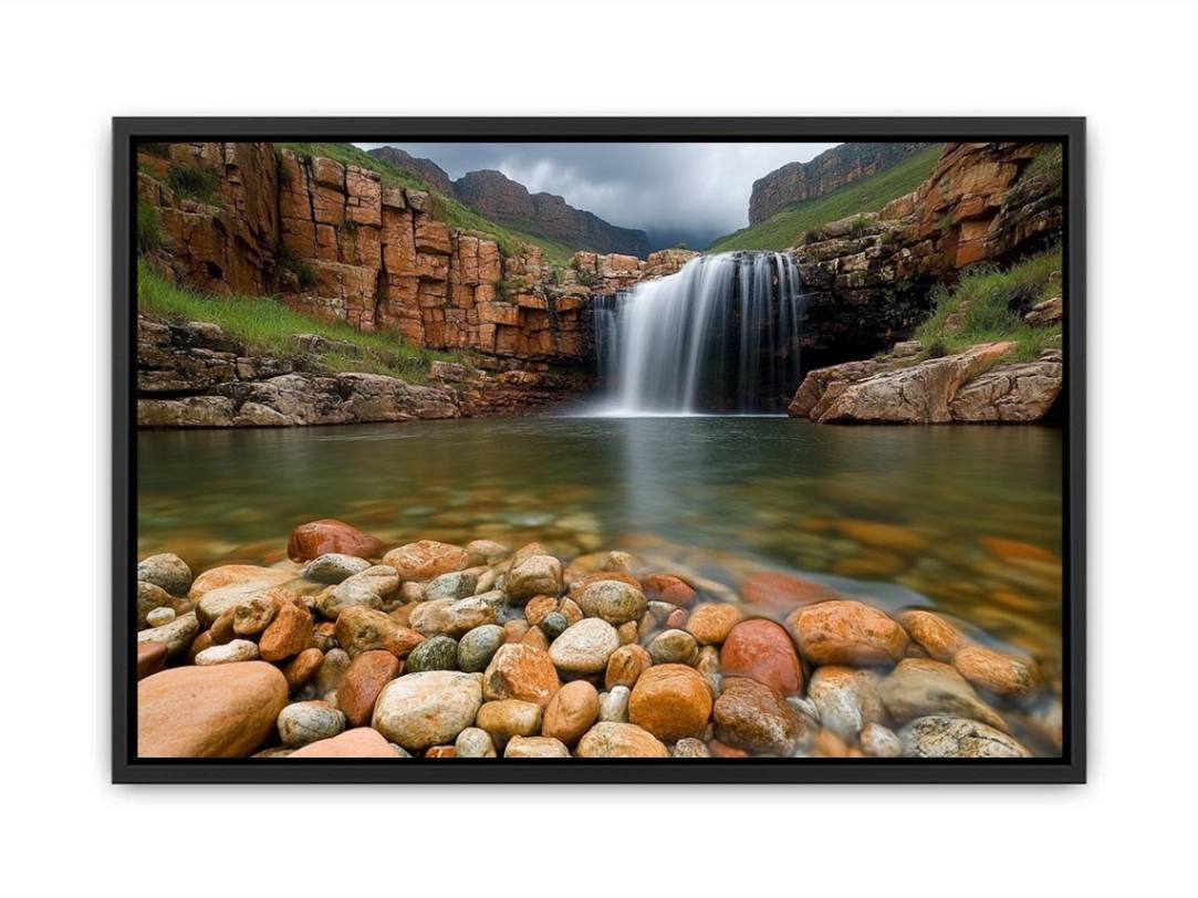 Scenic waterfall and rocky pool photography canvas art for calming living room or office decor.