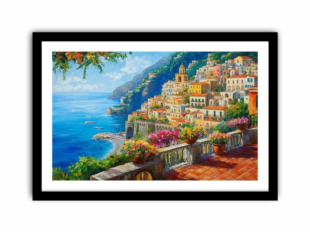 Colourful Positano coastal canvas art with sea, flowers, and cliffside village for living room decor.
