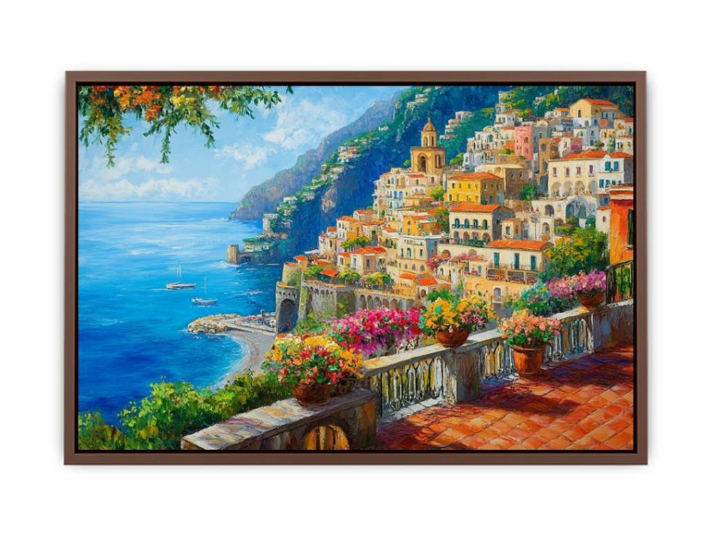 Colourful Positano coastal canvas art with sea, flowers, and cliffside village for living room decor.