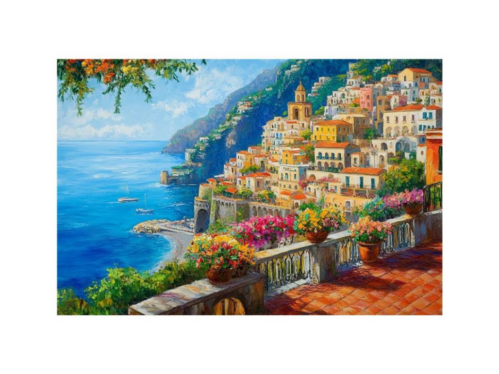 Colourful Positano coastal canvas art with sea, flowers, and cliffside village for living room decor.