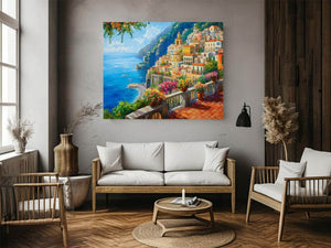 Colourful Positano coastal canvas art with sea, flowers, and cliffside village for living room decor.