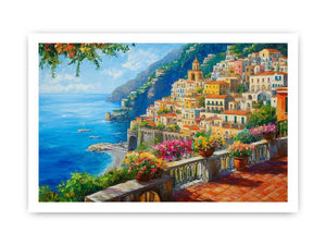 Colourful Positano coastal canvas art with sea, flowers, and cliffside village for living room decor.