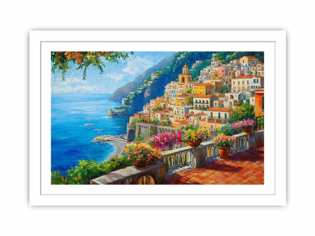Colourful Positano coastal canvas art with sea, flowers, and cliffside village for living room decor.