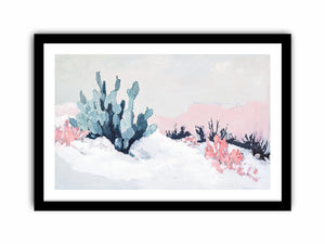 Soft desert cactus canvas art with blush pink and blue tones for calm bedroom or nursery decor.