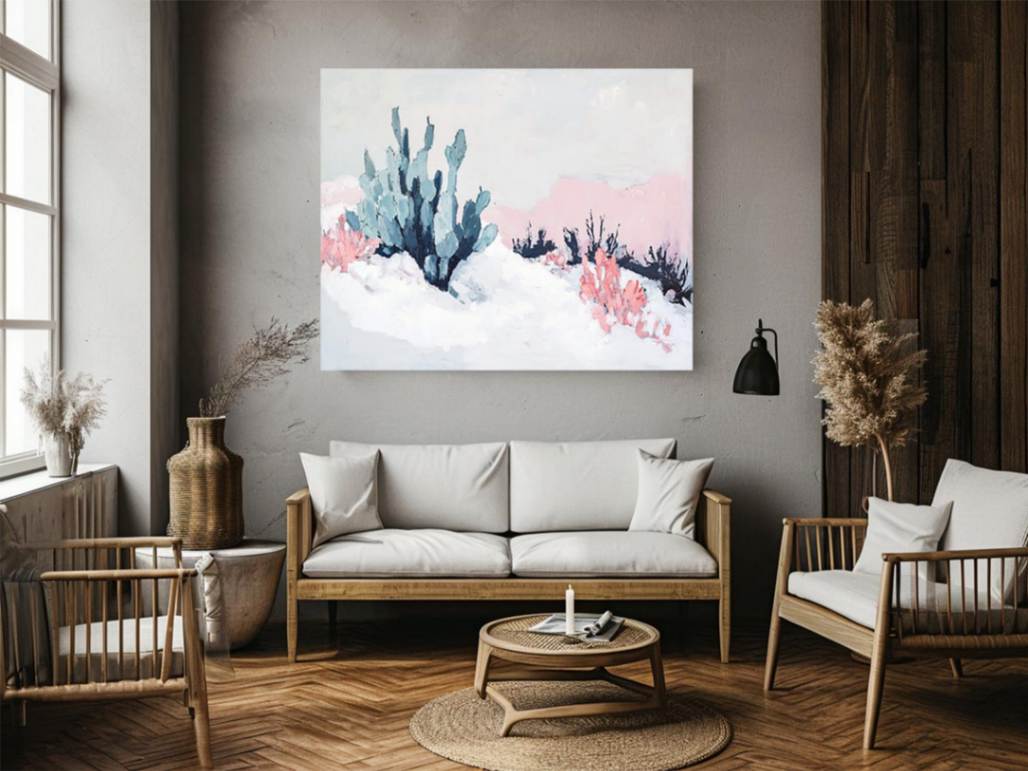 Soft desert cactus canvas art with blush pink and blue tones for calm bedroom or nursery decor.