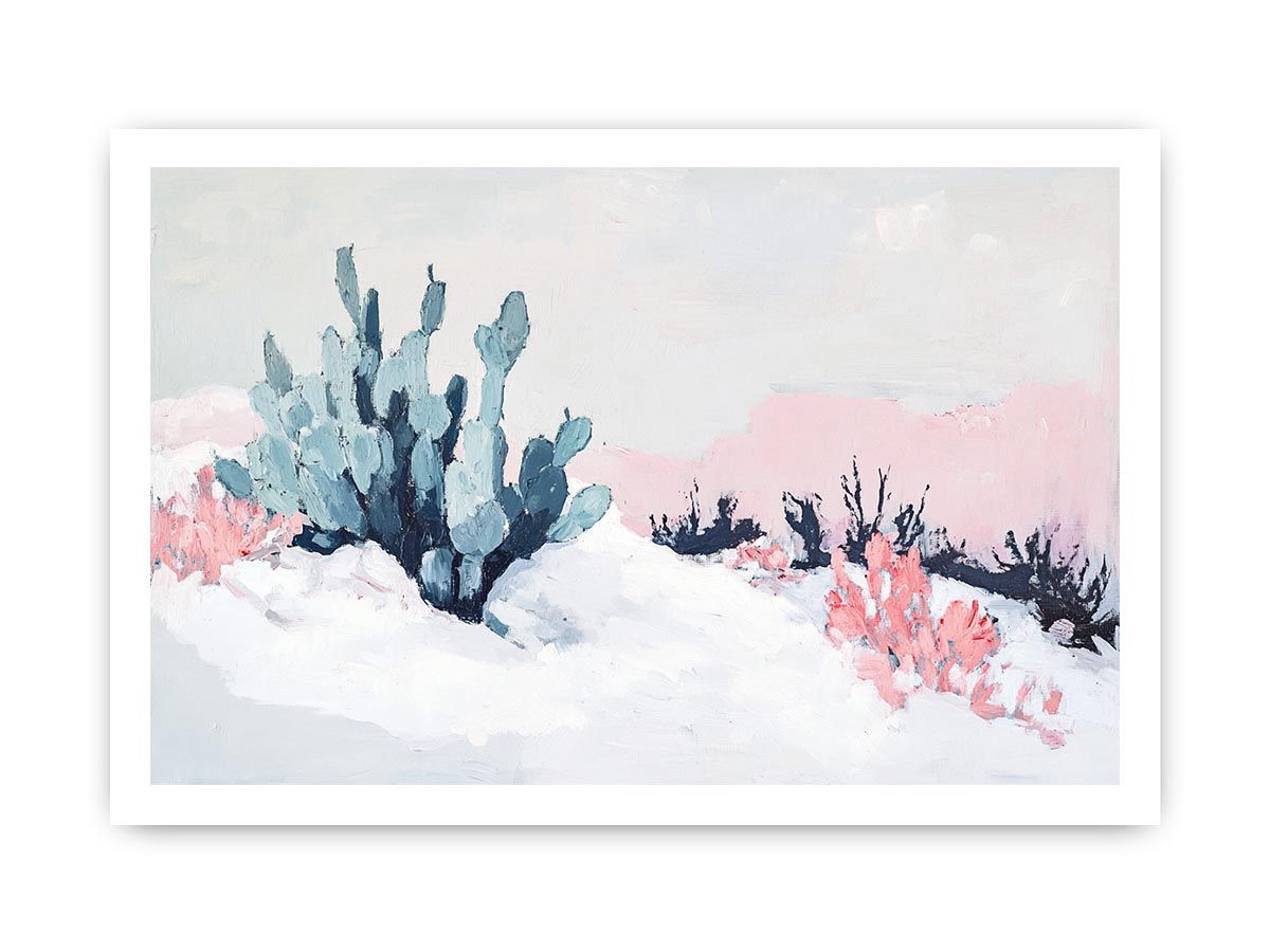 Soft desert cactus canvas art with blush pink and blue tones for calm bedroom or nursery decor.