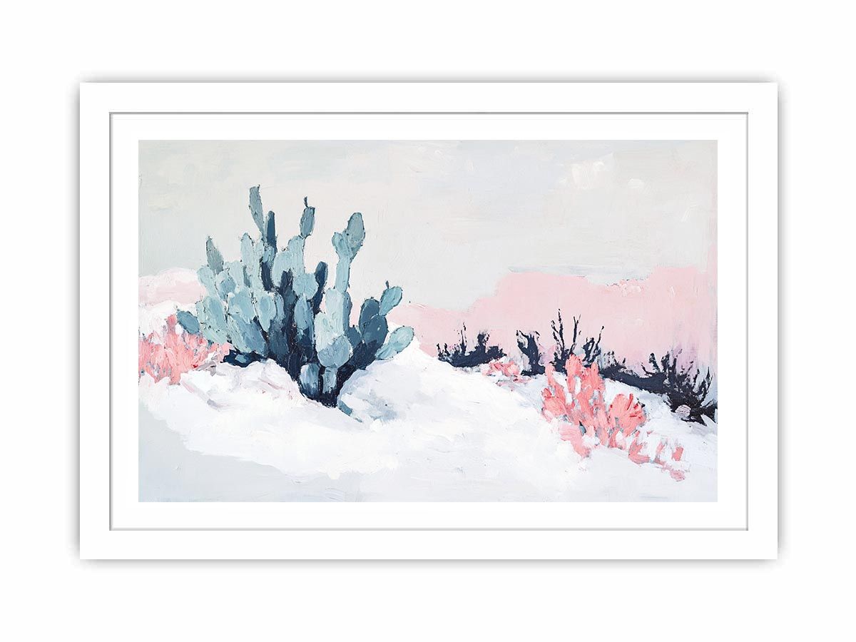Soft desert cactus canvas art with blush pink and blue tones for calm bedroom or nursery decor.