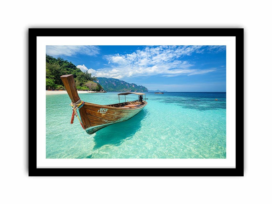 Tropical longtail boat canvas photography with turquoise water for beach house or bedroom decor.
