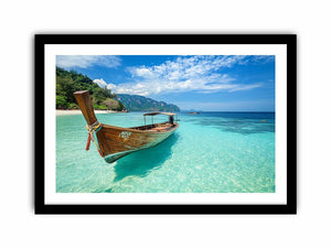 Tropical longtail boat canvas photography with turquoise water for beach house or bedroom decor.