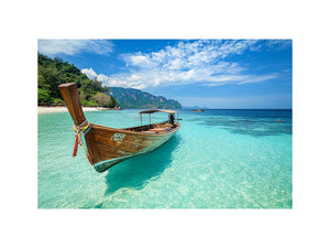 Tropical longtail boat canvas photography with turquoise water for beach house or bedroom decor.