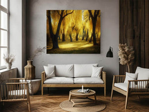 Golden willow forest canvas art with glowing trees and warm sunlight for living room wall decor.