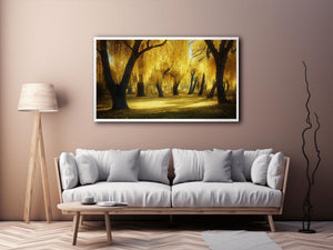 Golden willow forest canvas art with glowing trees and warm sunlight for living room wall decor.