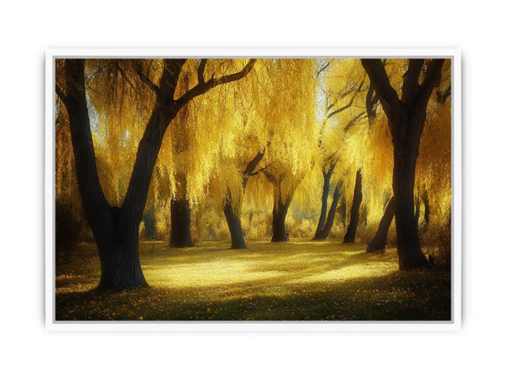 Golden willow forest canvas art with glowing trees and warm sunlight for living room wall decor.