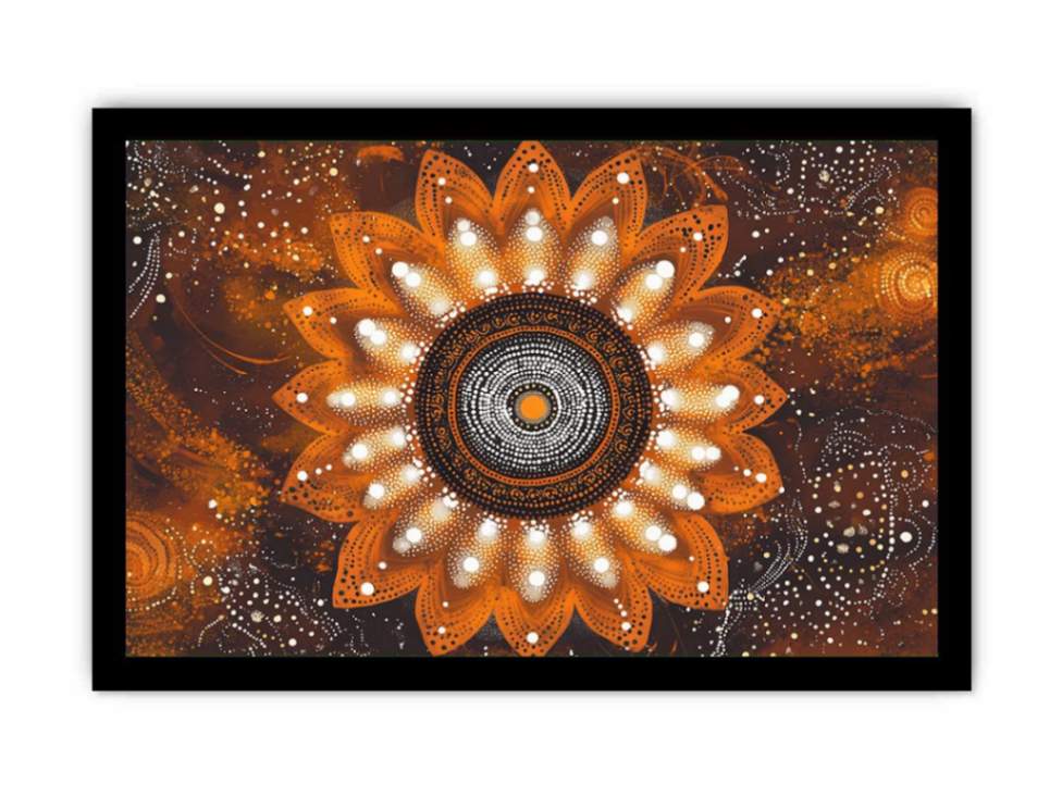 Orange mandala dot painting canvas art with floral pattern for bold living room wall decor.