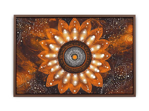 Orange mandala dot painting canvas art with floral pattern for bold living room wall decor.