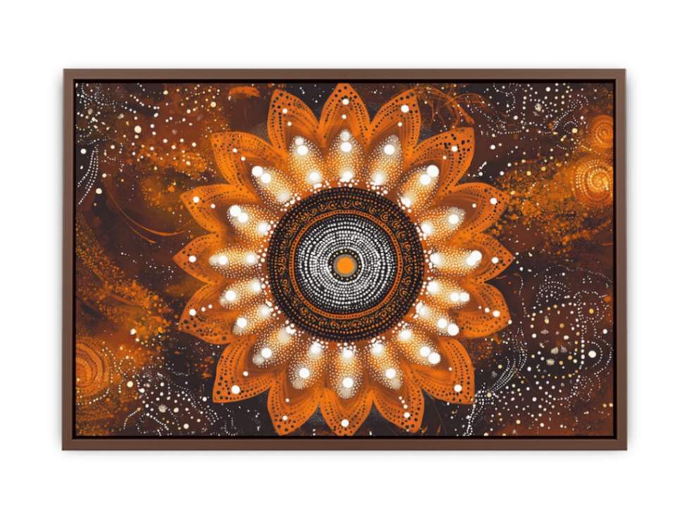 Orange mandala dot painting canvas art with floral pattern for bold living room wall decor.