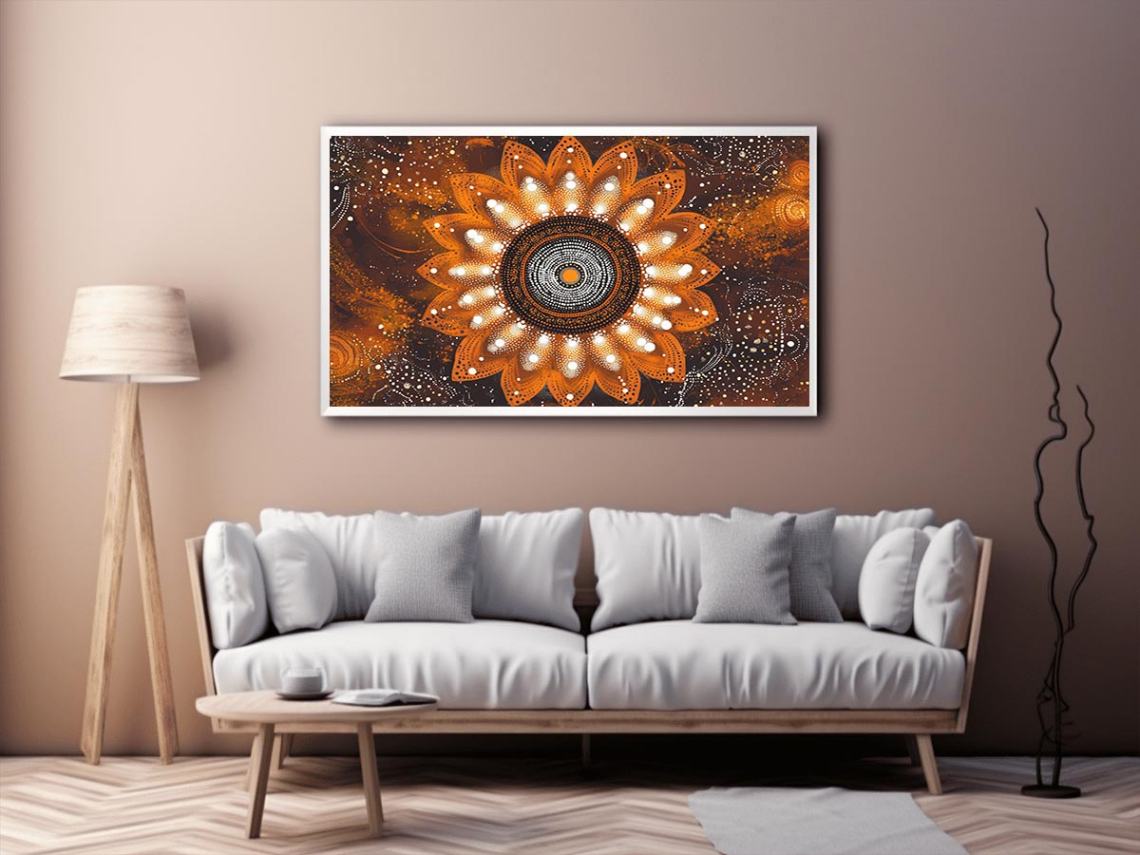 Orange mandala dot painting canvas art with floral pattern for bold living room wall decor.
