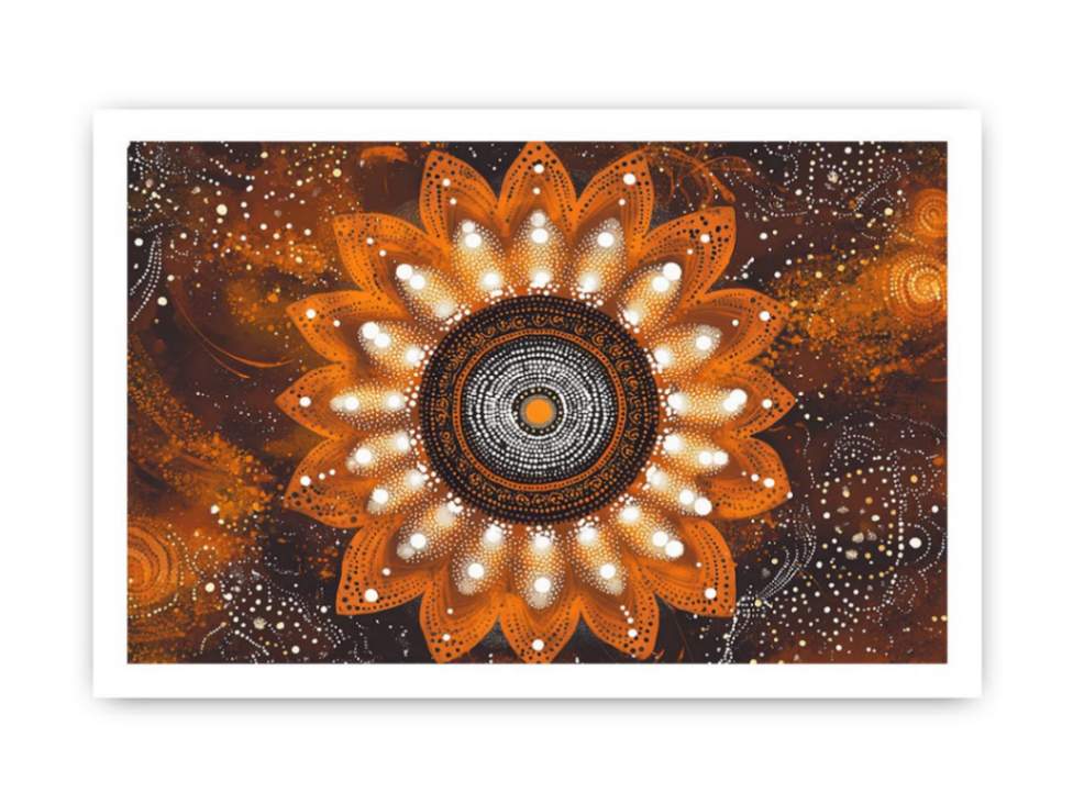 Orange mandala dot painting canvas art with floral pattern for bold living room wall decor.