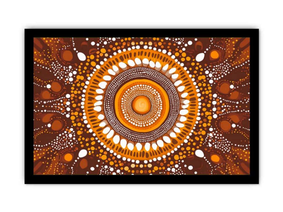Earthy ochre circular dot art canvas for warm modern living room decor.