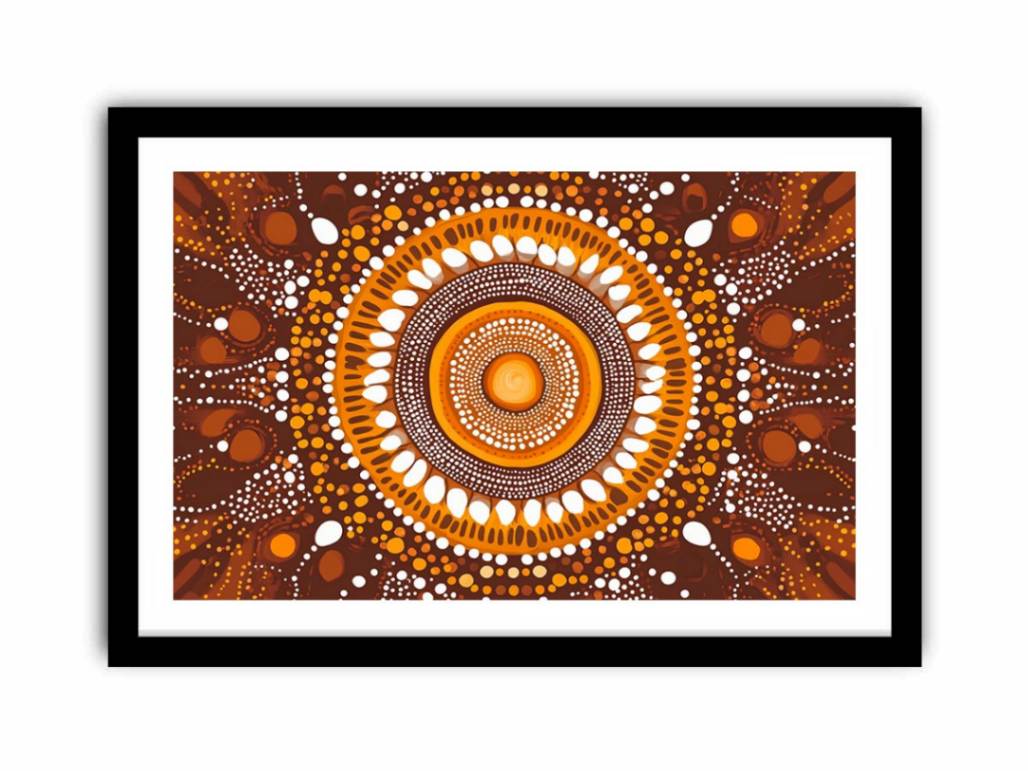 Earthy ochre circular dot art canvas for warm modern living room decor.