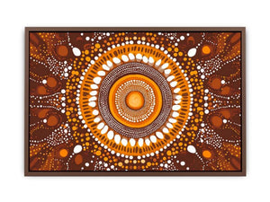 Earthy ochre circular dot art canvas for warm modern living room decor.