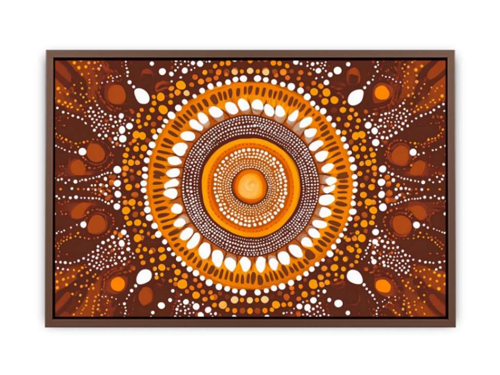 Earthy ochre circular dot art canvas for warm modern living room decor.