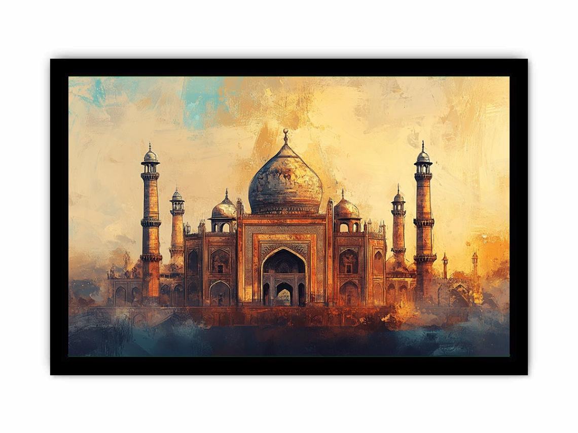 Golden Mughal architecture canvas art for elegant living room decor.