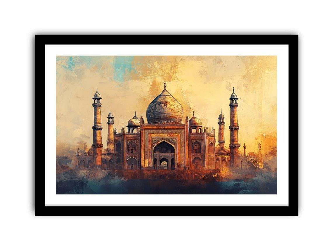Golden Mughal architecture canvas art for elegant living room decor.