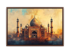 Golden Mughal architecture canvas art for elegant living room decor.