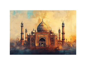 Golden Mughal architecture canvas art for elegant living room decor.