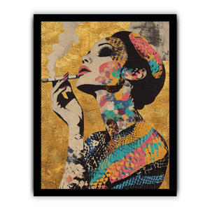 Glam fashion woman portrait canvas art with gold background for bedroom decor.