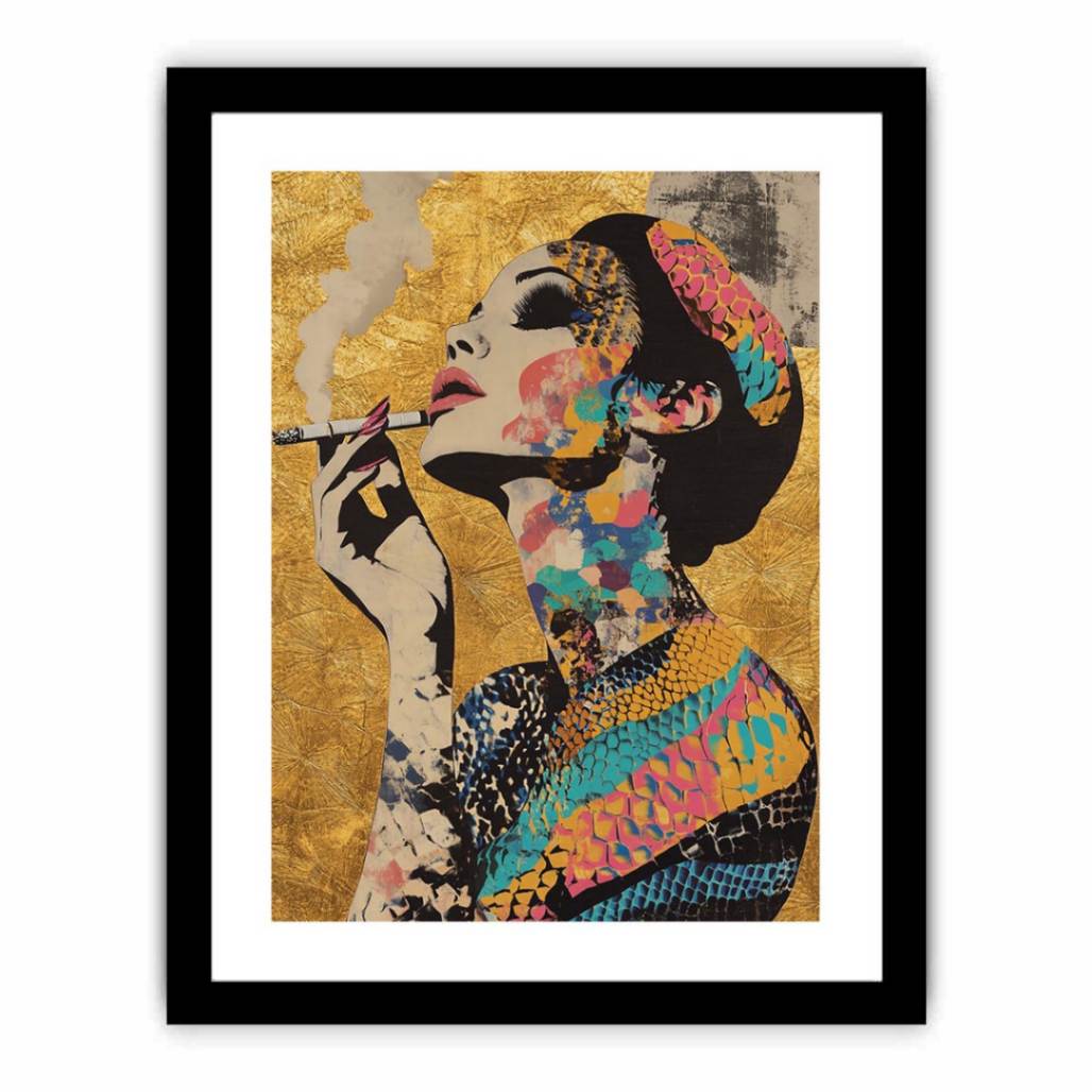 Glam fashion woman portrait canvas art with gold background for bedroom decor.