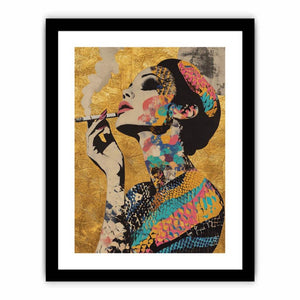 Glam fashion woman portrait canvas art with gold background for bedroom decor.