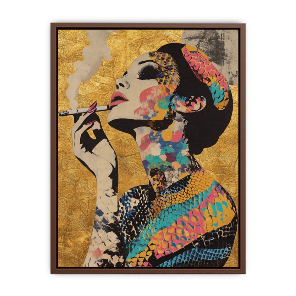 Glam fashion woman portrait canvas art with gold background for bedroom decor.
